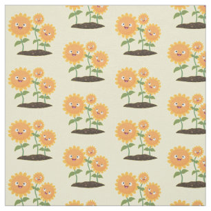 Cute happy sunflowers smiling cartoon illustration fabric
