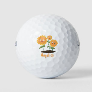 Cute happy sunflowers smiling cartoon illustration golf balls