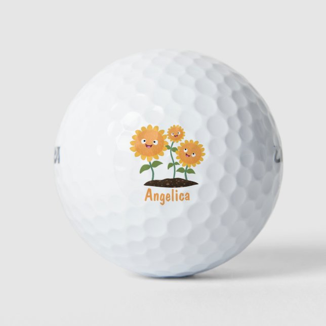 Cute happy sunflowers smiling cartoon illustration golf balls (Front)