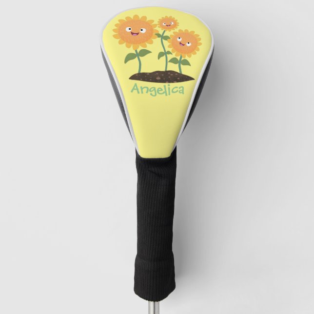 Cute happy sunflowers smiling cartoon illustration golf head cover (Front)