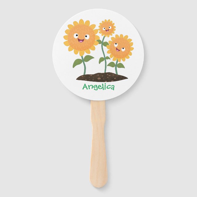 Cute happy sunflowers smiling cartoon illustration hand fan (Front)