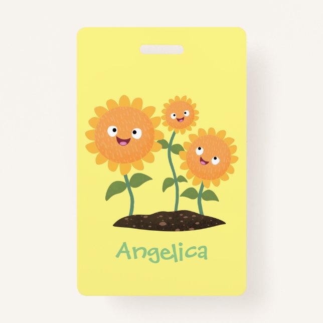 Cute happy sunflowers smiling cartoon illustration ID badge (Front)