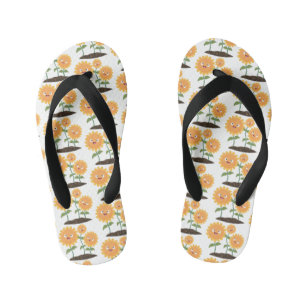 Cute happy sunflowers smiling cartoon illustration kid's flip flops