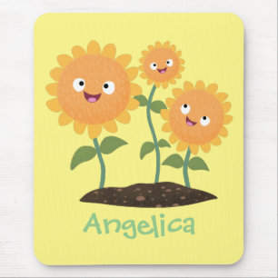 Cute happy sunflowers smiling cartoon illustration mouse mat
