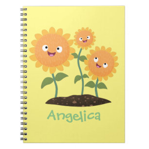 Cute happy sunflowers smiling cartoon illustration notebook
