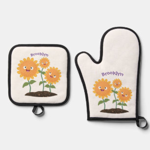 Cute happy sunflowers smiling cartoon illustration oven mitt & pot holder set