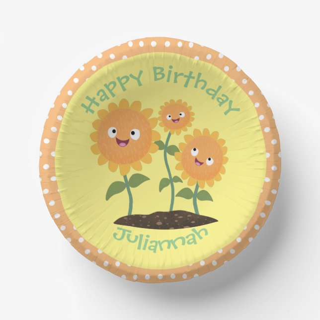 Cute happy sunflowers smiling cartoon illustration paper plate (Front)