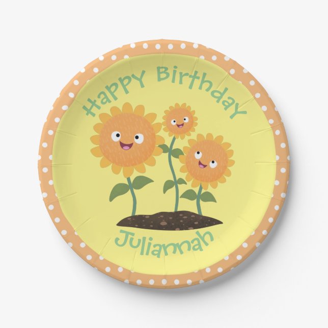 Cute happy sunflowers smiling cartoon illustration paper plate (Front)