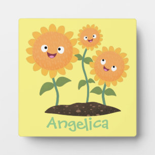 Cute happy sunflowers smiling cartoon illustration plaque