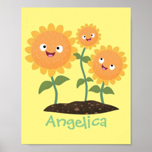 Cute happy sunflowers smiling cartoon illustration poster