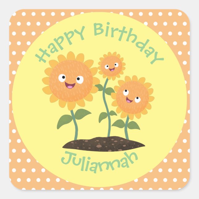 Cute happy sunflowers smiling cartoon illustration square sticker (Front)