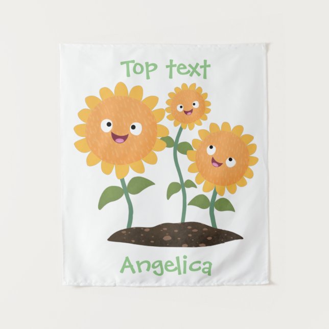Cute happy sunflowers smiling cartoon illustration tapestry (Front)
