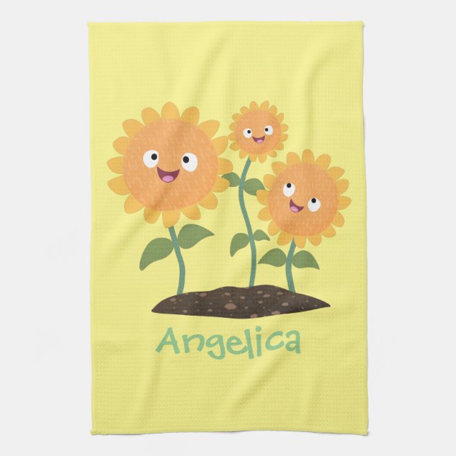 Cute happy sunflowers smiling cartoon illustration tea towel (Vertical)