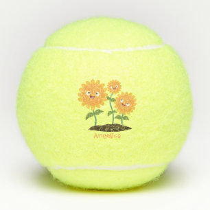Cute happy sunflowers smiling cartoon illustration tennis balls