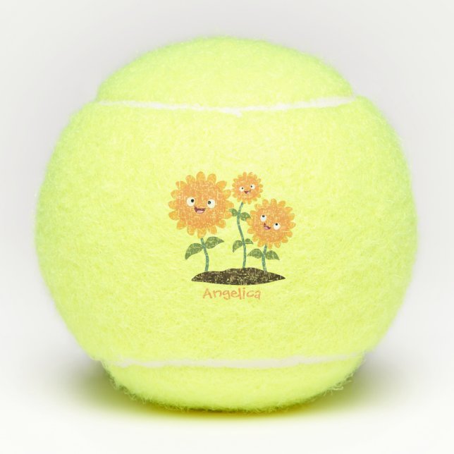 Cute happy sunflowers smiling cartoon illustration tennis balls (Front)