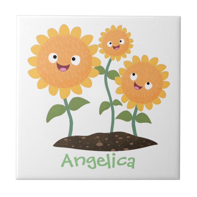Cute happy sunflowers smiling cartoon illustration tile (Front)