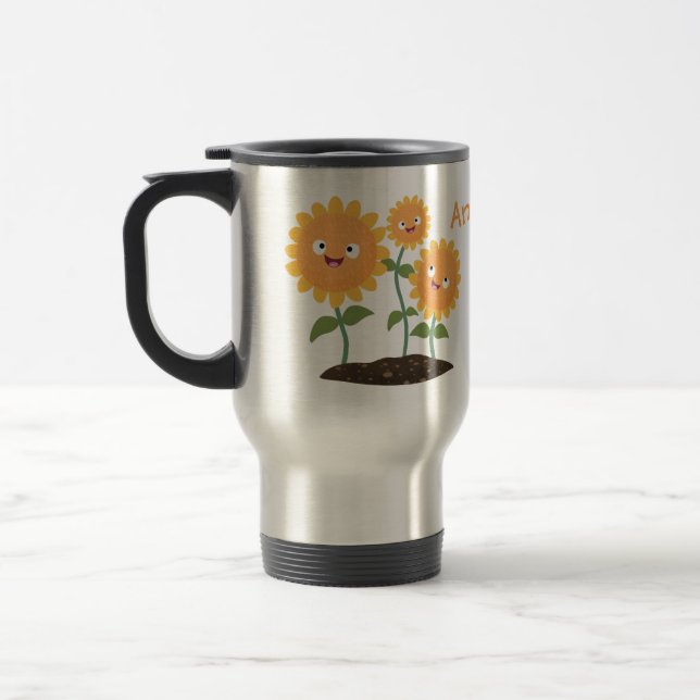Cute happy sunflowers smiling cartoon illustration travel mug (Left)