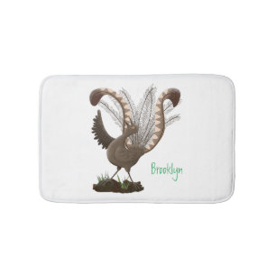 Cute happy superb lyrebird cartoon illustration bath mat