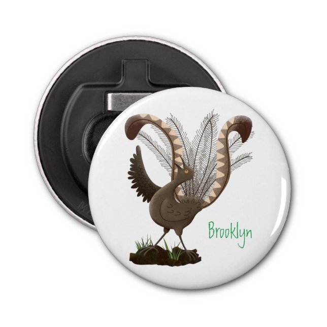 Cute happy superb lyrebird cartoon illustration bottle opener (Front)