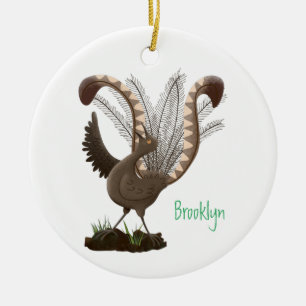 Cute happy superb lyrebird cartoon illustration ceramic tree decoration