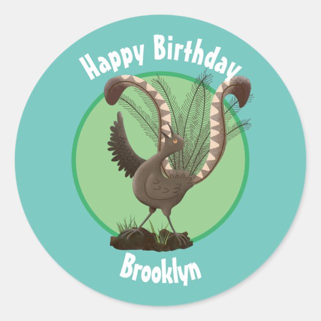 Cute happy superb lyrebird cartoon illustration cl classic round sticker (Front)
