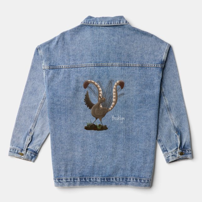 Cute happy superb lyrebird cartoon illustration denim jacket (Back)