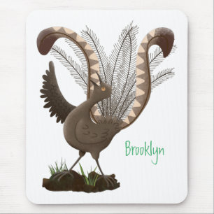Cute happy superb lyrebird cartoon illustration mouse mat