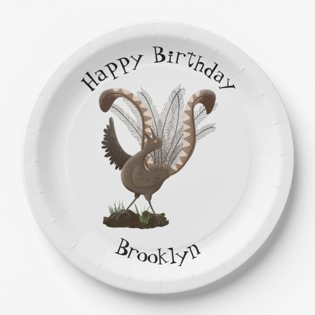 Cute happy superb lyrebird cartoon illustration  paper plate (Front)