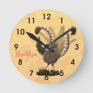 Cute happy superb lyrebird cartoon illustration r round clock
