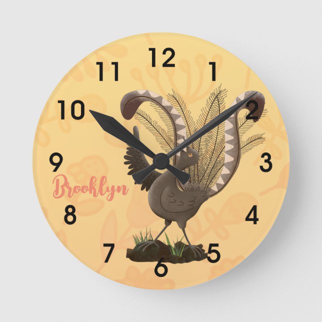 Cute happy superb lyrebird cartoon illustration  r round clock (Front)