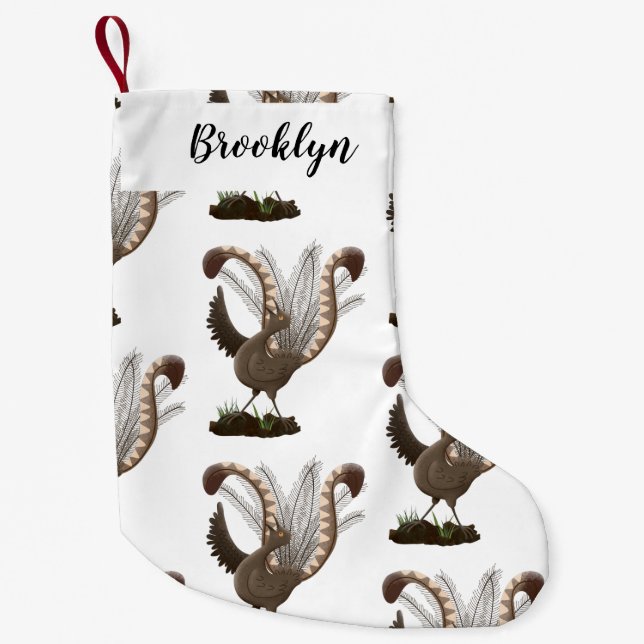 Cute happy superb lyrebird cartoon illustration  small christmas stocking (Front)