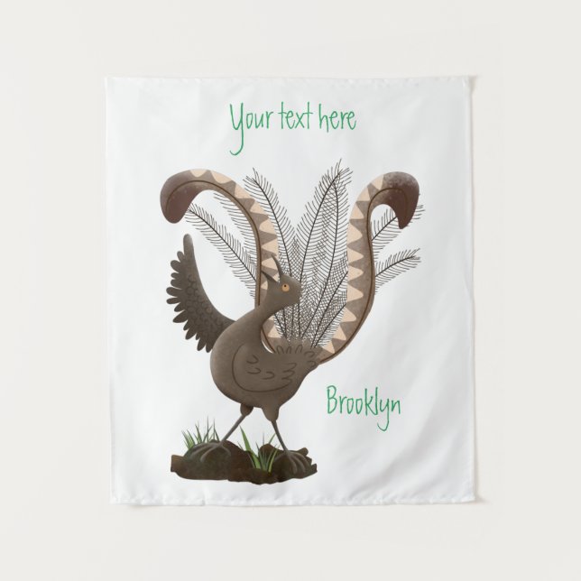 Cute happy superb lyrebird cartoon illustration tapestry (Front)
