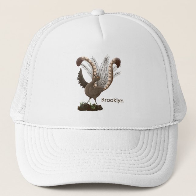 Cute happy superb lyrebird cartoon illustration trucker hat (Front)