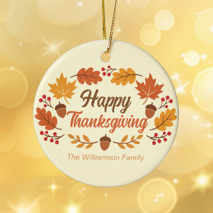 Cute Happy Thanksgiving Leaf Wreath Personalised Ceramic Tree Decoration