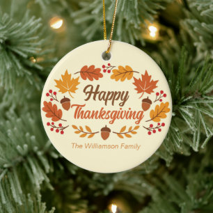 Cute Happy Thanksgiving Leaf Wreath Personalised Ceramic Tree Decoration