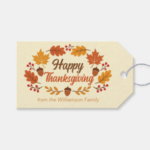 Cute Happy Thanksgiving Leaf Wreath Personalised Gift Tags
