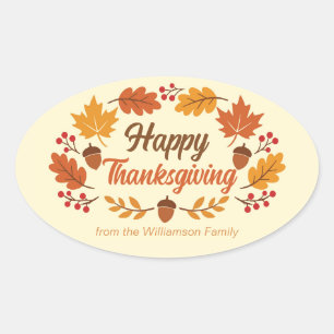 Cute Happy Thanksgiving Leaf Wreath Personalised Oval Sticker
