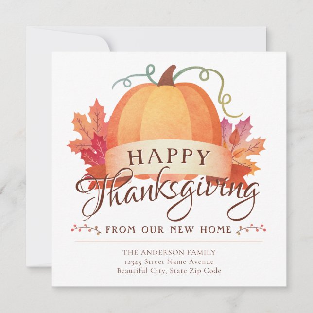 Cute Happy Thanksgiving New Address Pumpkin Moving Announcement (Front)