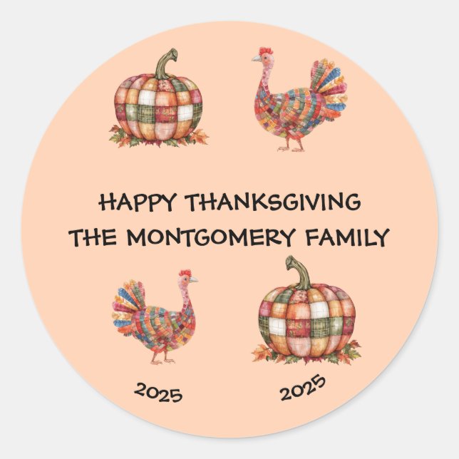 Cute Happy Thanksgiving Personalised Classic Round Sticker (Front)