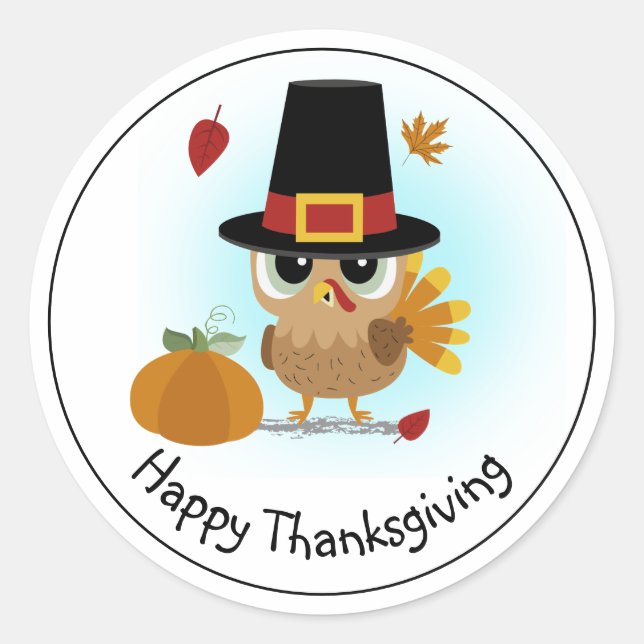 Cute Happy Thanksgiving Pilgrim Turkey Classic Round Sticker (Front)