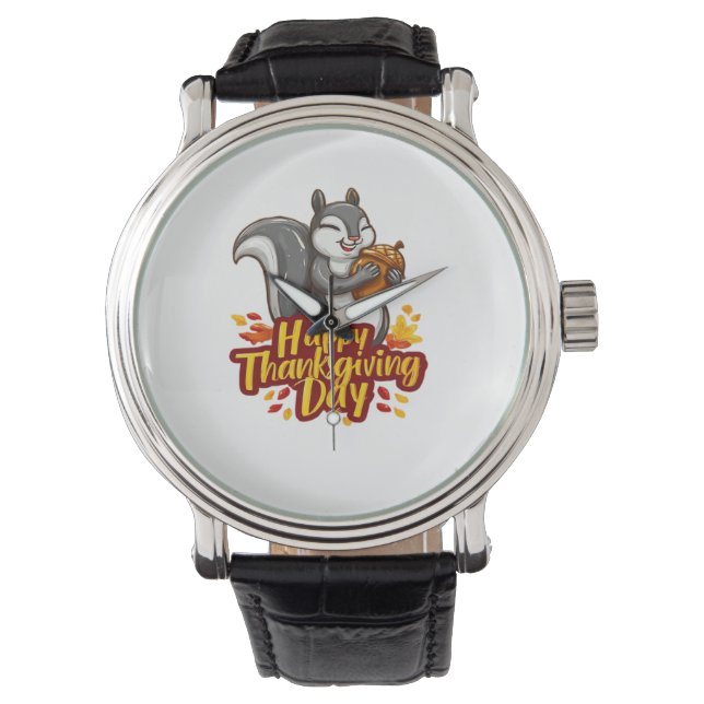 Cute Happy Thanksgiving Squirrel Classic T-Shirt Watch (Front)