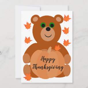 Cute Happy Thanksgiving Teddy Bear Pumpkin Leaves  Holiday Card