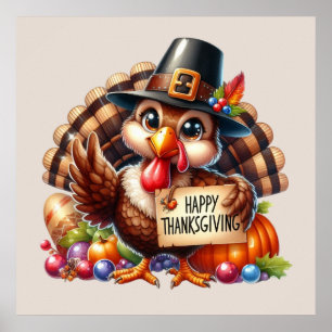 Cute Happy Thanksgiving turkey  Poster