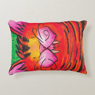 Cute Happy Tiger Cat in Oil Pastel on Green Decorative Cushion