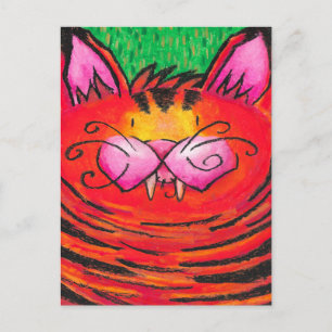 Cute Happy Tiger Cat in Oil Pastel on Green Postcard
