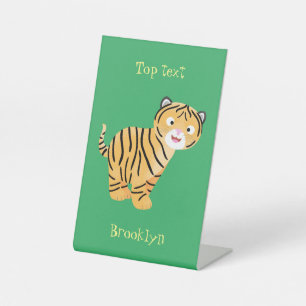 Cute happy tiger cub cartoon pedestal sign