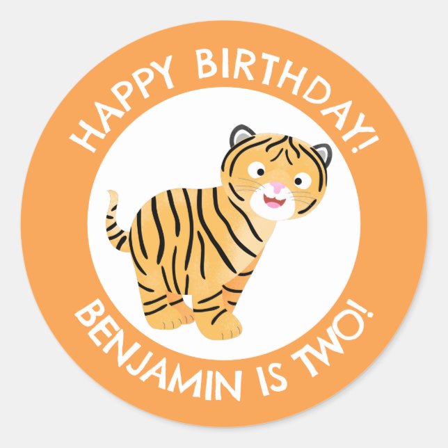 Cute happy tiger cub personalised cartoon birthday classic round sticker (Front)