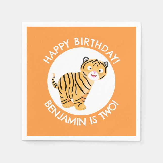 Cute happy tiger cub personalised cartoon birthday napkin (Front)