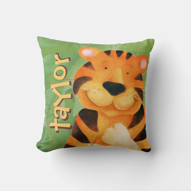 Cute happy tiger face square name throw pillow (Front)
