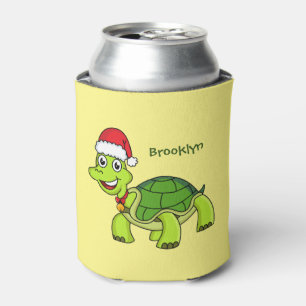 Cute happy tortoise wearing Santa hat Can Cooler